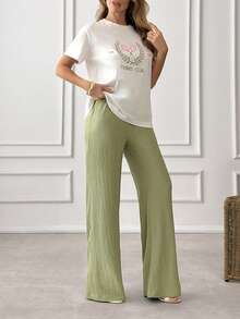 EURMUSE Women's Two Pieces Set – White Embroidered Cotton T-Shirt & Wide Leg Pants, Comfortable & Stylish Casual Outfit - White - View 6