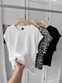 SHEIN LUNE 3件/組 女款休閒純白印花短袖T恤上衣 女裝上衣 女士夏季日穿上衣 - 灰色 - 查看 3