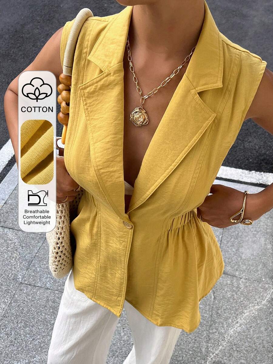 Áo cardigan/áo vest ngắn tay màu vàng dáng rộng thoải mái dành cho nữ, phù hợp công sở/dạo phố/dự tiệc, có dây buộc eo, kiểu dáng mùa xuân & hè. - Màu vàng - Xem 1