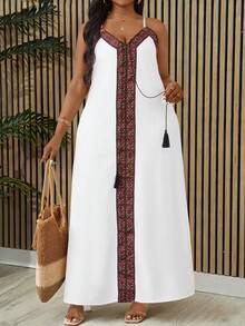 Villa Velisse Plus Size Women Premium Embroidered Strap Maxi Dress,Versatile White Summer Boho Vacation Holiday Long Dress - White - View 7