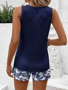 2pcs Women Casual Round Neck Tank Top And Shorts Set, Suitable For Summer Wear - Multicolor - View 2