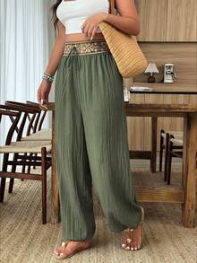 Weeklong Plus Size Women's Casual Vacation Contrast Color Waist Lantern Pants, Suitable For Daily Wear And Vacation - Army Green - View 3
