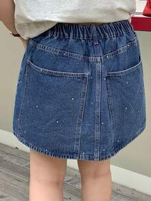 Dazy Plus Falda vaquera corta de línea A con decoración de rhinestones azul lavado, estilo universitario, talla grande, primavera/verano - Azul lavado medio - Ver 8