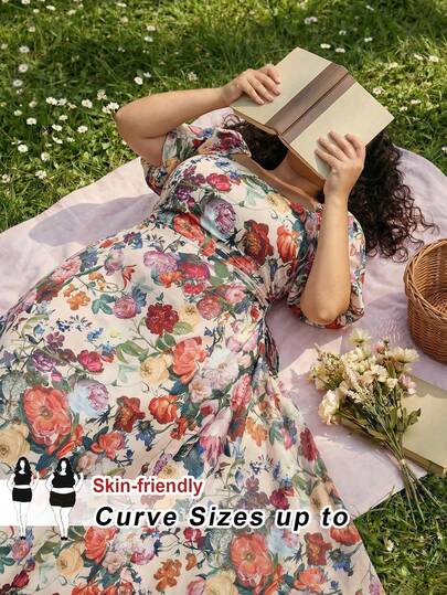 SHEIN CURVE+ Đầm midi nữ cỡ lớn in hoa, cổ vuông, tay phồng, thắt eo, màu be, chất liệu polyester, in hoa, tay phồng, cổ vuông, thắt eo, dáng chữ A, phong cách lãng mạn, mùa xuân hè, dã ngoại, thường ngày, vải dệt nhẹ, đầm mùa hè, đầm cô gái nông thôn, đầm hoa dại, đầm phong cách đồng quê, đầm dự tiệc vườn.