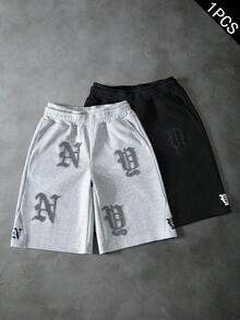 Manfinity Roghcode 男士 NY 刺繡休閒寬腿短褲，深灰色，夏季，街頭風，城市度假，街頭風格彈性腰帶短褲，適合音樂節，禮物 - 淺灰色 - 查看 3