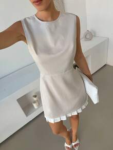 Lavishia Round Neck Waist Gathered Pleated Dress 2 In 1 Dress, Elegant Commuter Dress Chic Dresses For Women Latest Dress Qpuv8 Dress Outfit Good Quality Dress - Khaki - View 5
