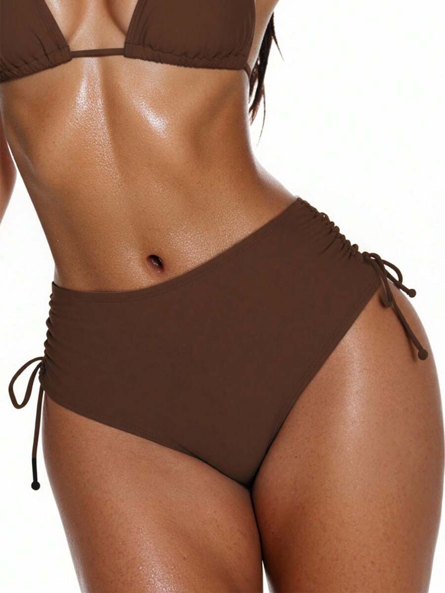 Swim Basics Celana Renang Wanita Model Tali Pengikat Warna Polos, Cocok untuk Pantai Musim Panas - Coffee Brown - View 1