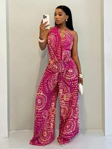 SHEIN Tall Vintage Fuchsia Printed Draped Neck & Wide Leg Pants 2-Piece Set, Flattering Casual Vacation Outfit - Multicolor - View 5