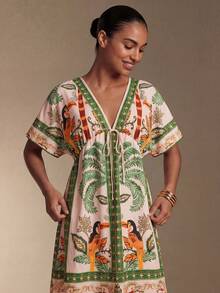 Swim Oasis Vestido corto de manga corta con estampado gráfico suelto, estilo vacaciones - Multicolor - Ver 5