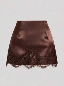 Ellevyn 女士蕾丝拼接休闲百搭约会之夜迷你裙 - 摩卡棕 - 查看 5