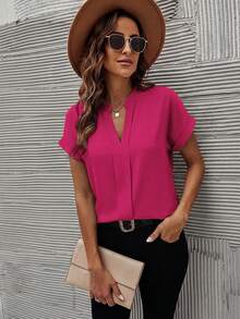 SHEIN Clasi Women's Solid Color V-Neck Short Sleeve Casual Shirt - Hot Pink - View 5