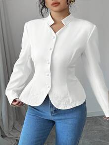 Elenzga Camisa de manga larga de unicolor minimalista de talla grande, uso casual de todos los días - Blanco - Ver 3
