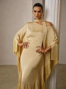 ZEYLAH Loose Flowy Fringed Dress With Asymmetric-Shoulder Sash, Spring - Champagne - View 6