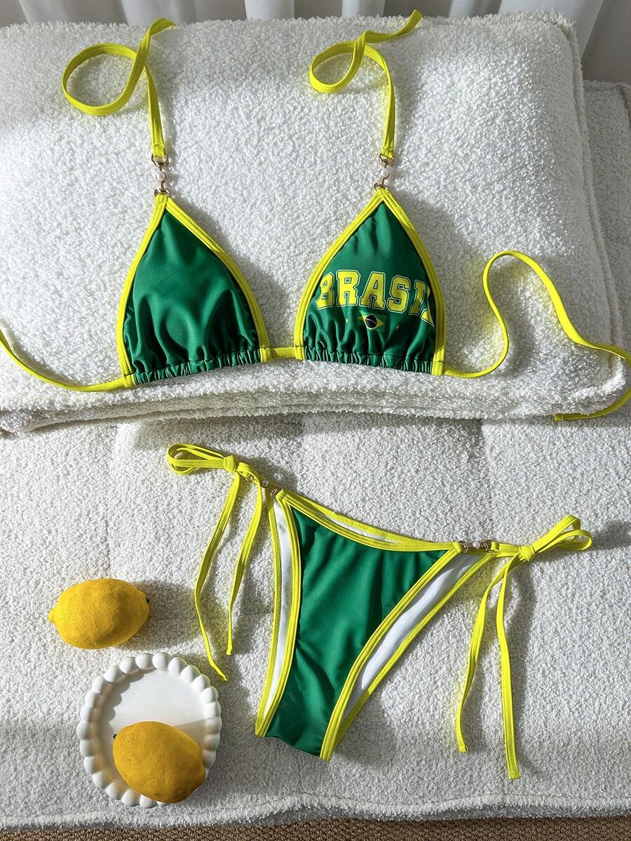 Swim Vcay Traje de baño de primavera/verano 2026 de ambiente magnífico para aguas termales, conjunto de bikini sexy con escote halter anudado para mujer, perfecto para fotografía en la playa y vacaciones - Multicolor - Ver 1