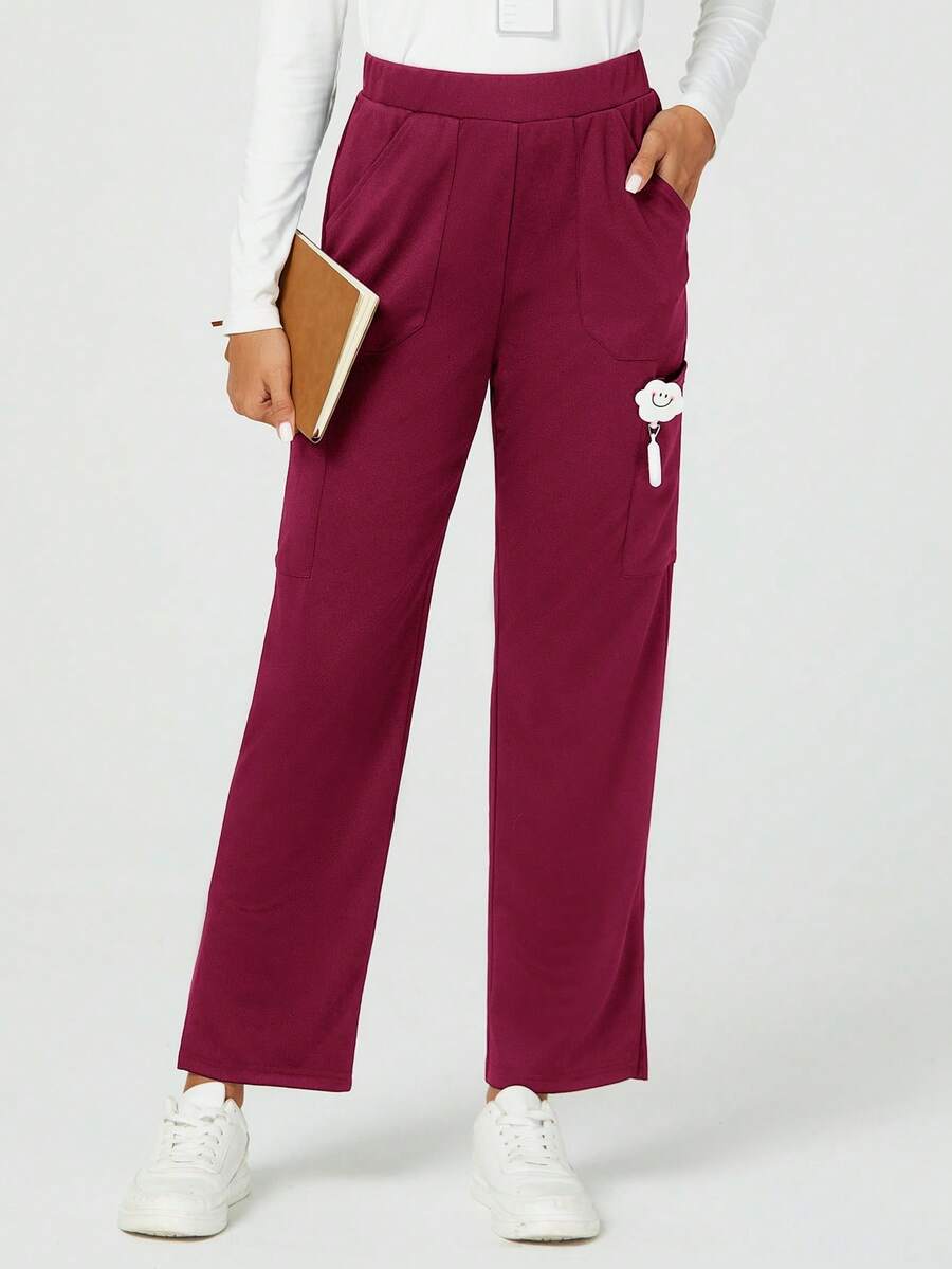 TaskEZ Women's Solid Color Elastic Waist Casual Everyday Scrub Pants - Burgundy - View 1