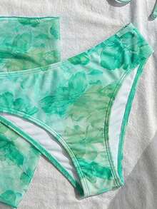 SHEIN Swim Vcay Women's Floral Print Halter Tie Back Sexy Bikini 3-Piece Swimsuit Set For Beach Vacation - Blue - View 4