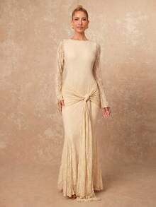 花卉提花针织连衣裙，款式百搭，收腰设计，裙摆呈喇叭形，鱼尾廓形 - 杏色 - 查看 4