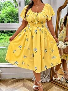 Vionelle Plus Size Floral Print Drawstring Front Elastic Waist Short Sleeve Dress - Yellow - View 6