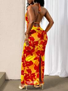Glyssa Women's Summer Beach Vacation Red And Yellow Mesh Floral Print Bodycon Sexy Tropical Backless Dress For Party Caribbean Outfits For Women - Orange - View 2