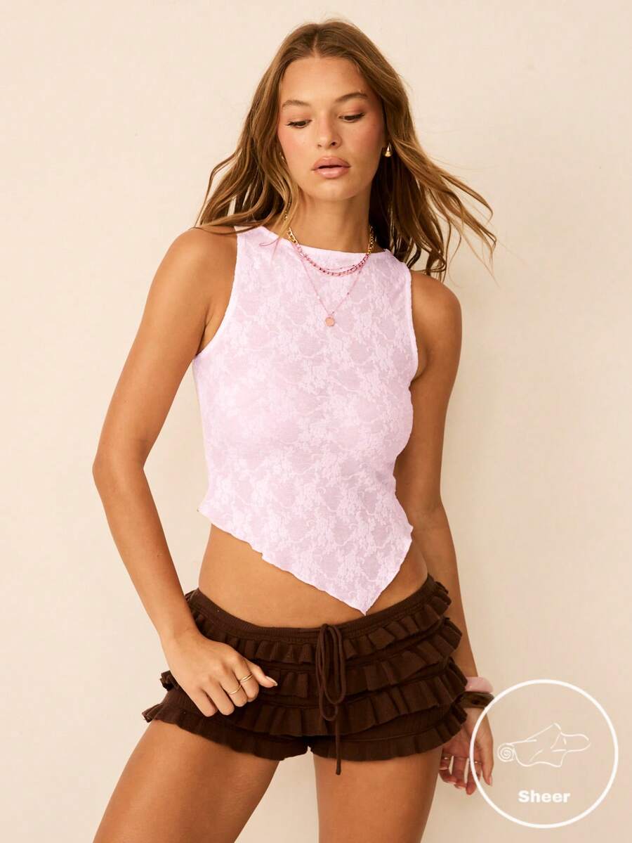 Aralina Women's Floral Lace Sheer Boat Neck Sleeveless Tank Top With Asymmetric Hem Beach Vacation Cover Up Cute Y2K Style Summer Pink And White Comfy - Baby Pink - View 1