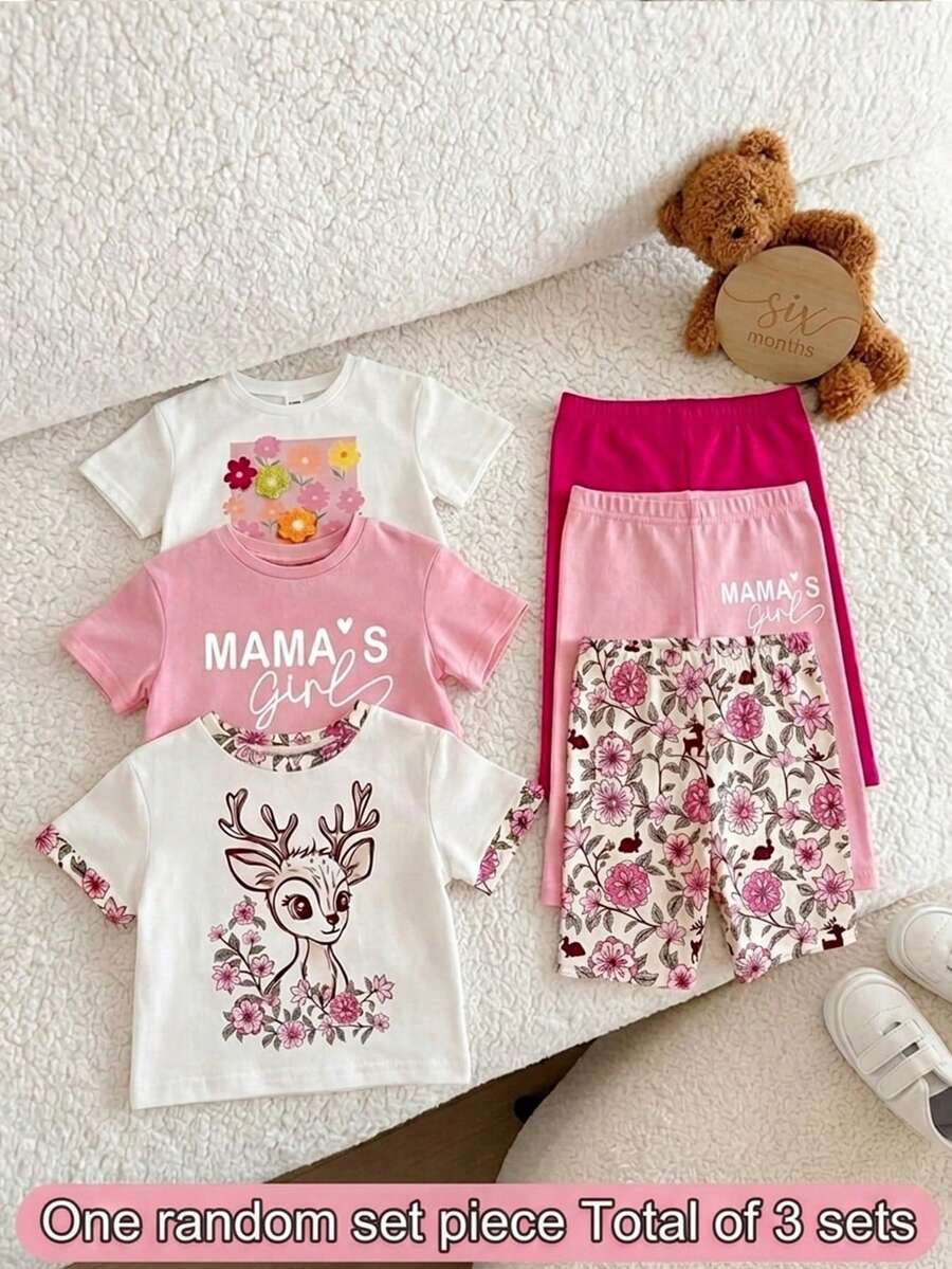 SHEIN Conjunto de camiseta de manga corta holgada con estampado floral y shorts de cintura elástica para bebé niña, verano - Rosa - Ver 1