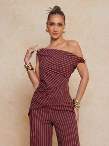 Lumalex Bộ đồ 2 món thanh lịch dành cho nữ: áo crop top kẻ sọc lệch vai và quần ống rộng, thích hợp cho mùa hè. - Màu Đỏ Sâu - Xem 8