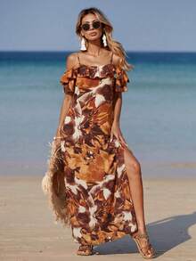 Breezaya Women's Floral Print Ruffle Off-Shoulder Dress, Vacation Style - Multicolor - View 4