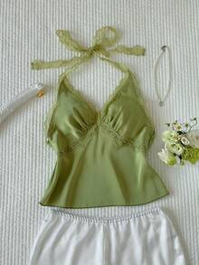 Comfortcana Áo hai dây cổ yếm ren phối màu tương phản dành cho nữ cỡ lớn - màu xanh lá - Xem 6