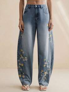 Anewsta Quần jeans ống loe màu xanh dương sang trọng thêu hoa dành cho nữ, thích hợp cho mùa xuân/hè, phong cách lãng mạn, dự tiệc hoặc đi nghỉ mát. - Màu xanh lam - Xem 1