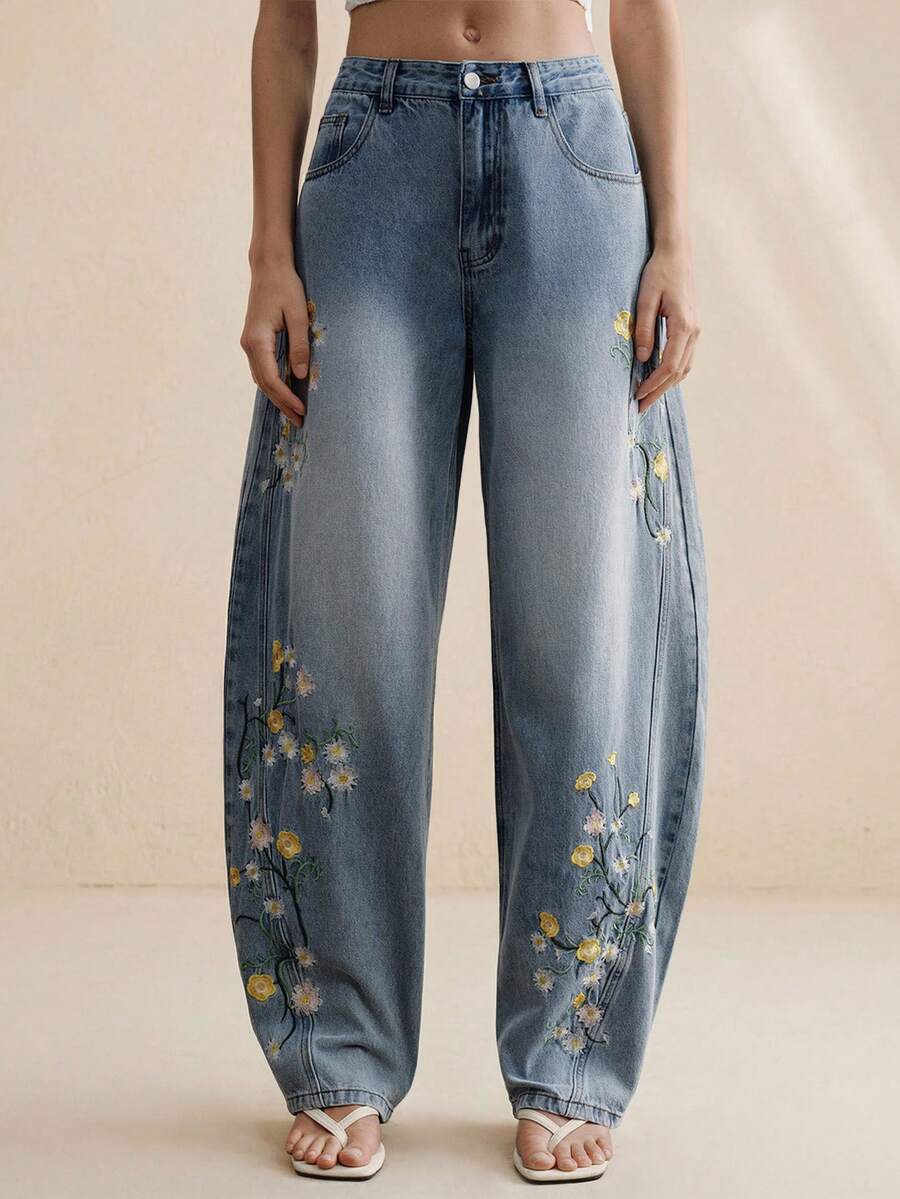 Anewsta Quần jeans ống loe màu xanh dương sang trọng thêu hoa dành cho nữ, thích hợp cho mùa xuân/hè, phong cách lãng mạn, dự tiệc hoặc đi nghỉ mát. - Màu xanh lam - Xem 1