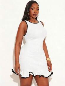 Radiana Plus Size Women's Summmer Round Neck Black And White Edge Spliced Cuffs And Hem Ruffled Trim Tight Dress Brunch Elegant - White - View 4
