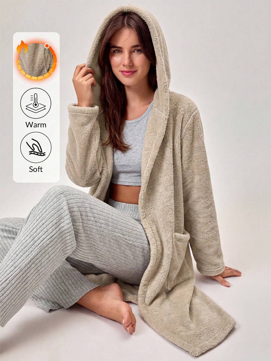 Loomlin Women's Hooded Plush Casual Robe - Brown - View 1