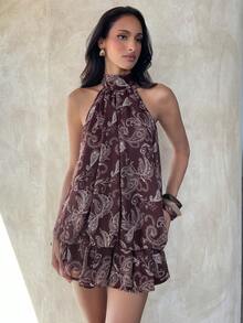 Aloruh 女士优雅浅黄色吊带系带迷你连衣裙 - 棕色 - 查看 1