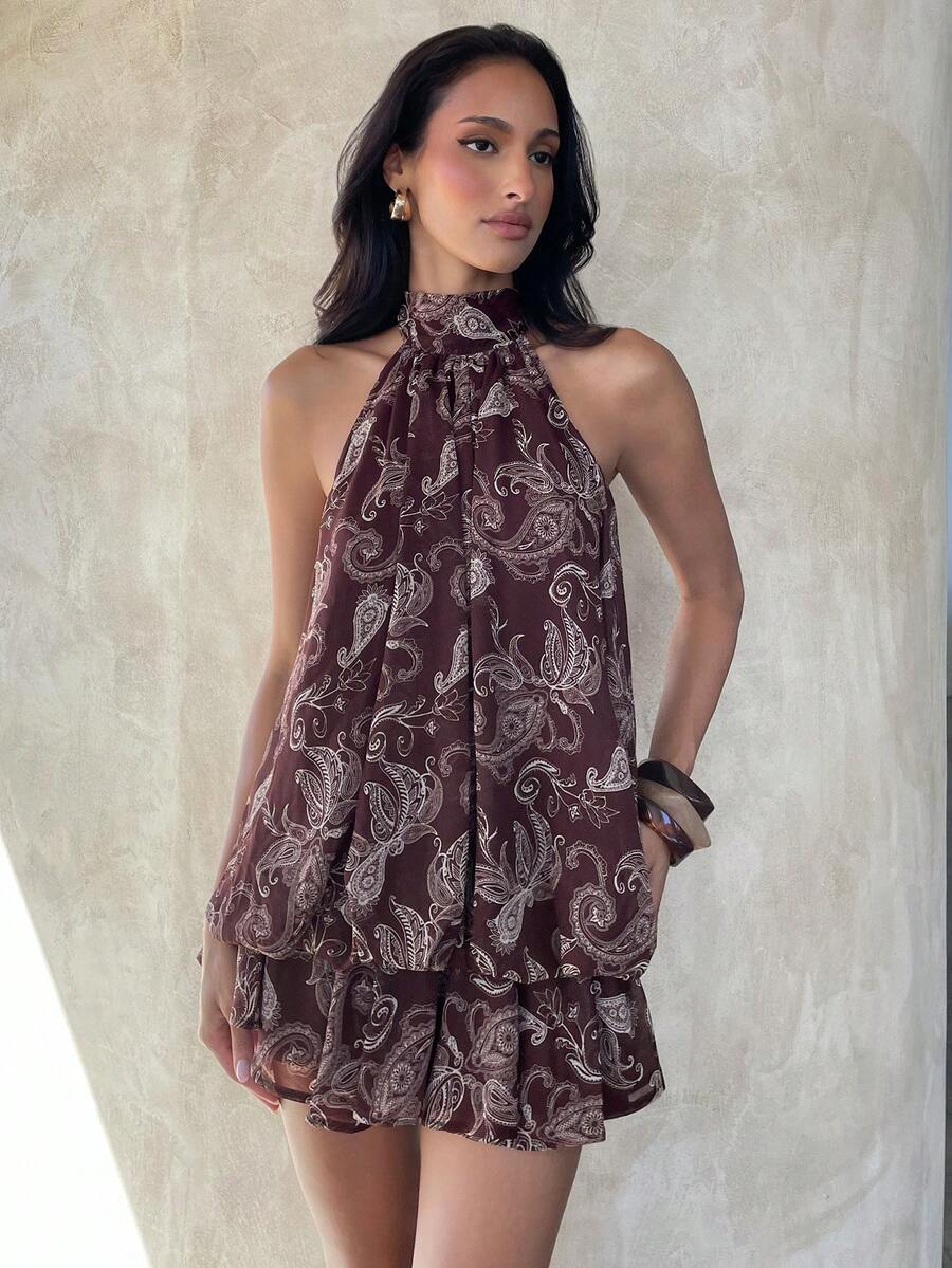 Aloruh 女士优雅浅黄色吊带系带迷你连衣裙 - 棕色 - 查看 1