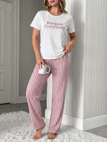 WovenCharm Baumwolle 2 Stücke Pyjama-Set in Große Größen mit Linien-Muster an Lang-Hose & Shorts und Slogan-Muster Top für Zuhause - Weiss - Übersicht 6