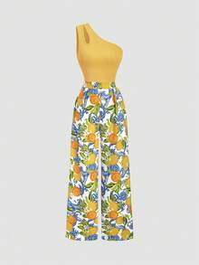 Bộ jumpsuit nữ màu vàng lệch vai, cổ yếm, in họa tiết chanh, thiết kế cạp cao có khóa kéo, ống rộng phối nhiều mảnh. - Nhiều màu - Xem 7