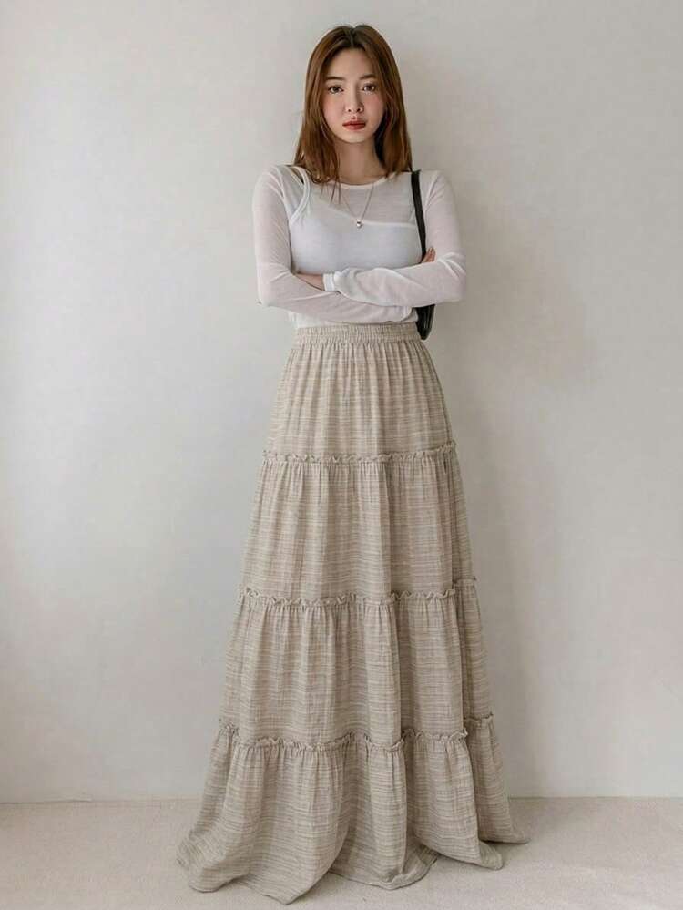 Women's Khaki Elegant Loose Skirt, Minimalist Style For Spring & Summer