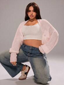 Plus Size Women's Spring/Autumn Casual Vacation & Commute Solid Color Batwing Sleeve Cropped Lightweight Cardigan - Baby Pink - View 5