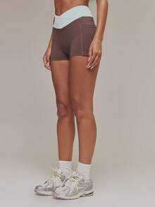 Musera Sport Contrast Cross Over Waistband Active Shorts Sports Workout Gym Pilates Fitness Daily Casual Aqua - Brown - View 3