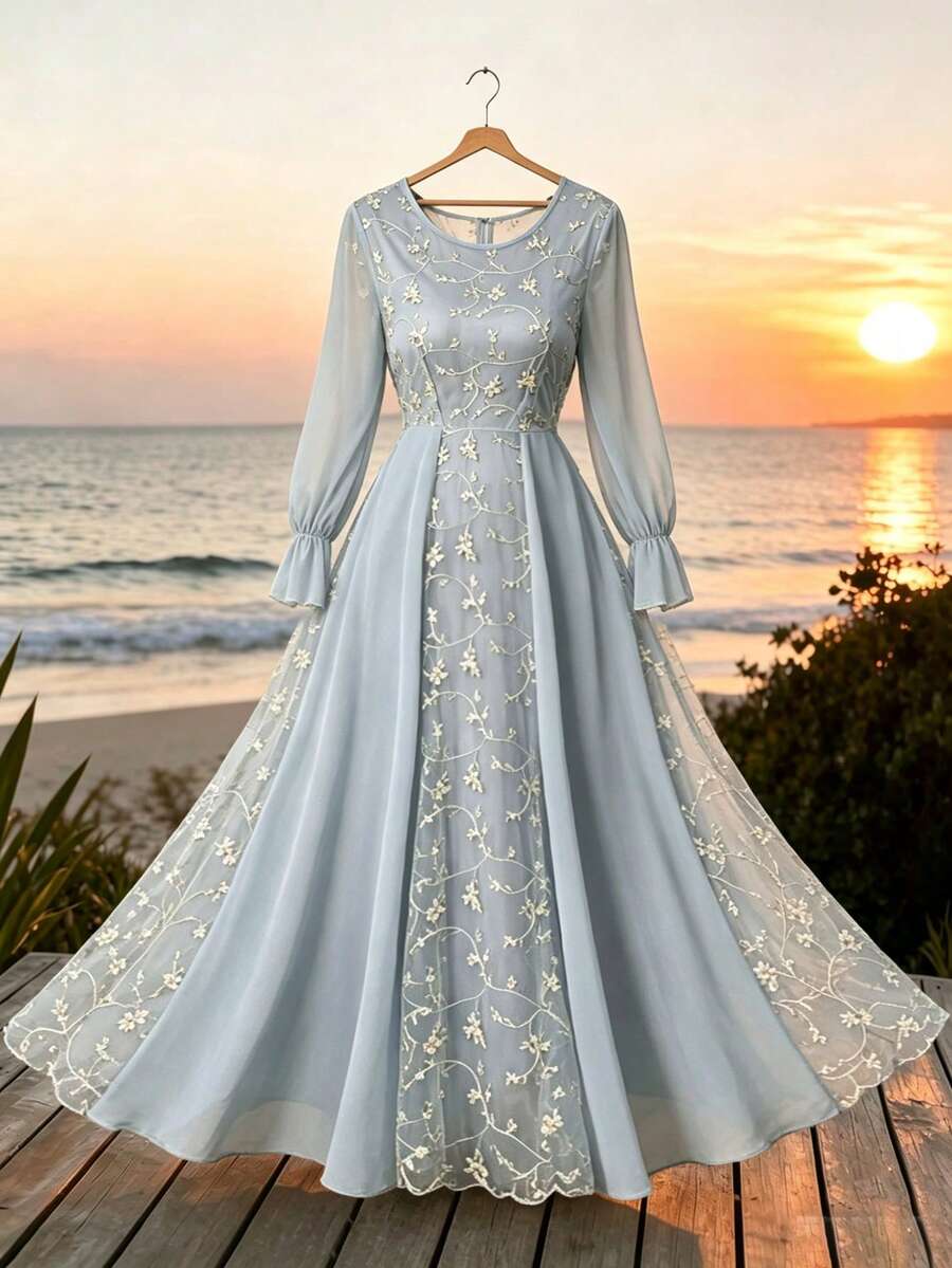 Modelyn 女士网纱刺绣雪纺拼接长袖连衣裙 - 灰藍色 - 查看 1