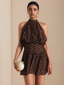 SHEIN Veneréa 女士优雅波点印花露背迷你连衣裙，夏季 - 咖啡 - 查看 6
