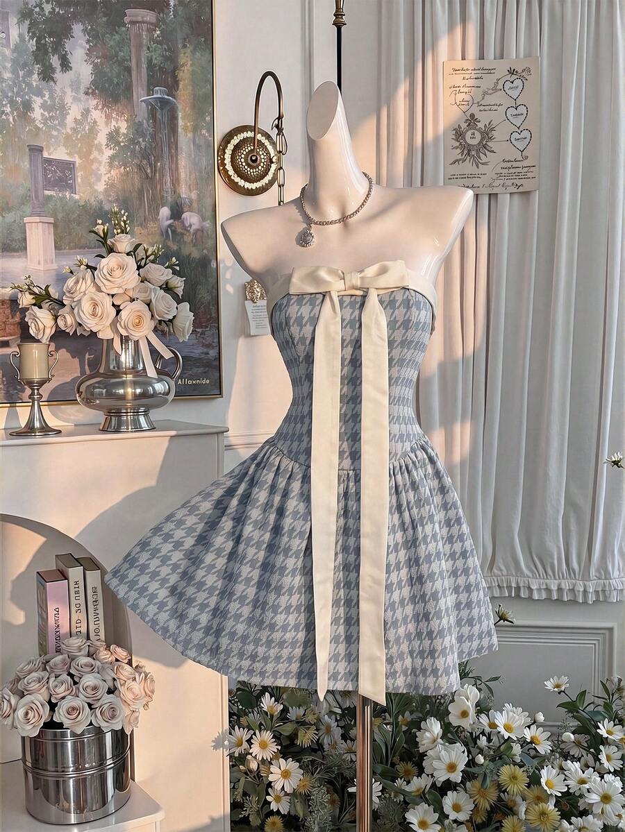 Celisse 女士拼接千鸟格褶裥休闲派对外出迷你连衣裙 - 淺藍色 - 查看 1