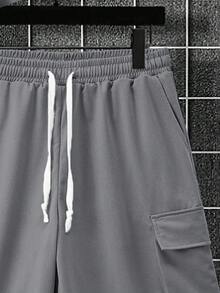 Manfinity Homme 2pcs/Set Plus Size Men Grey Summer Casual Oversized City Break Streetwear Drop Shoulder Loose Short Sleeve T-Shirt And Drawstring Waist Cargo Shorts - Grey - View 6