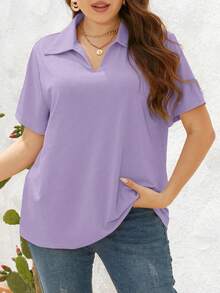 SHEIN Essnce 大码休闲纯色 Polo 领短袖 T 恤 - 淡紫色 - 查看 4