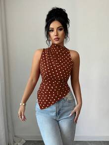 Rafferiza Áo tank top nữ màu đỏ chấm bi, dáng ôm, vạt bất đối xứng - Cà phê nâu - Xem 5