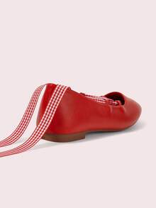 CUCCOO DOLLMOD Zapatos de ballet casuales de punta cuadrada con correa a cuadros rojos para mujeres y niñas, zapatos planos de nueva primavera de escote bajo y versátiles - Rojo - Ver 10