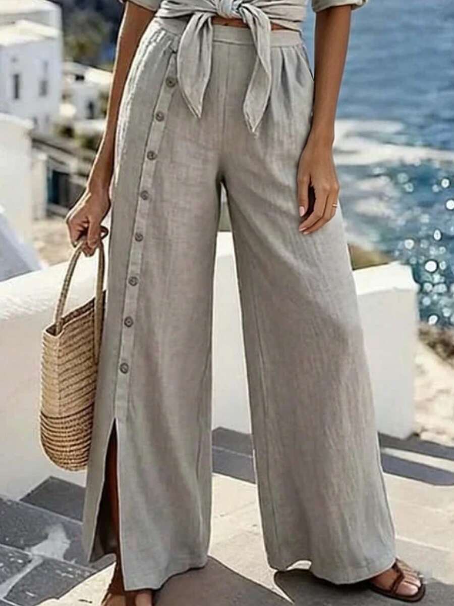 EMERY ROSE Pantalón casual de mujer con botones y bajo asimétrico, adecuado para uso diario, verano, salidas y atuendos de vacaciones - Gris Claro - Ver 1