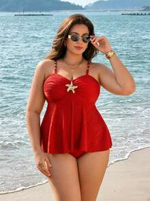 Swim Lushoire Áo tắm tankini hai dây kiểu dáng tối giản dành cho phụ nữ cỡ lớn, chất liệu vải gợn sóng, phong cách Châu Âu và Mỹ, dành cho người trưởng thành. - Đỏ - Xem 4