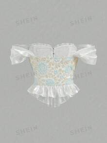SHEIN Young Girl's Elegant Jacquard Off Shoulder Ruffle Hemline Corset Structure Top, Jacquard Fabric Shirt For Spring/Summer Blouse With Ruffle Trim Puff Sleeves For Special Occasions - Mint Green - View 4