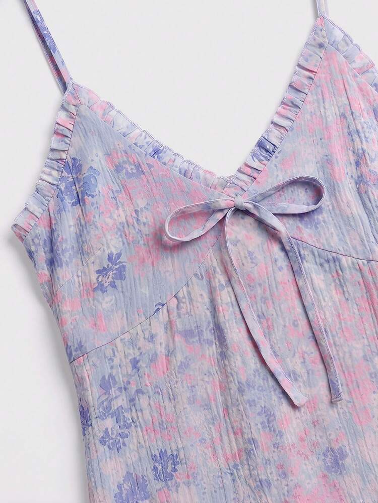 Lilac Floral Mini Dress With Ruffles, V-Neckline And Smocked Back Spring Summer Dress Ruffle Dress Vacation Dress Holiday Dress French Style Parisian Style Ruffle Dress Loose Vacation Dress